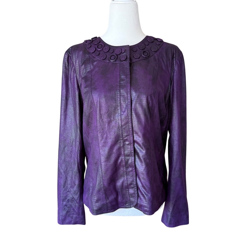 Chico's Purple Embossed Faux Leather Collarless Jacket